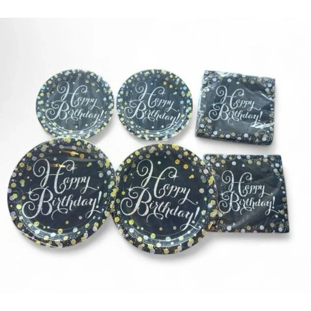 Happy Birthday Black Gold Silver 32 Plates & 32 Napkins 9